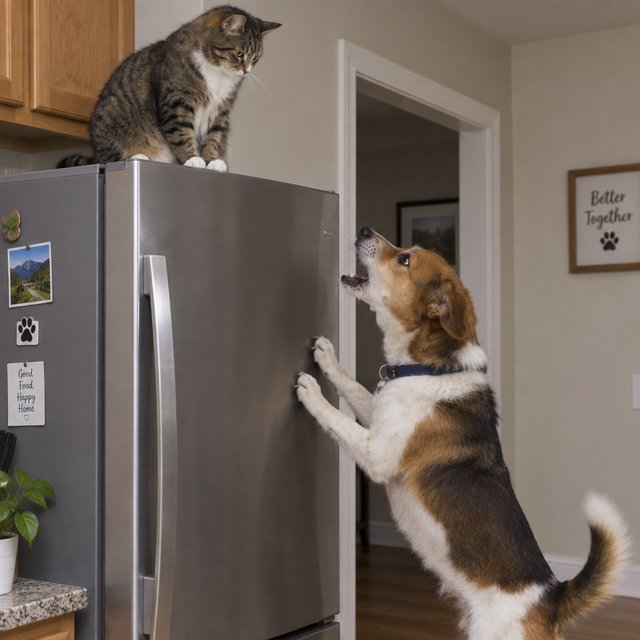 A cat sits on the top of a refrigerator calmly looking down at a barking dog. The dog is on his hind legs leaning on the fridge barking at the cat. — GPT Image 2.5 Flare