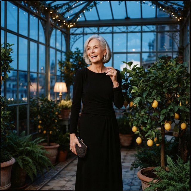 At a quiet rooftop conservatory, an adult woman in her early sixties wears a long-sleeved black evening gown, caught laughing softly beside a citrus tree as blue-hour light spills through the glass; poised styling brings fashion-magazine polish. — Model 16