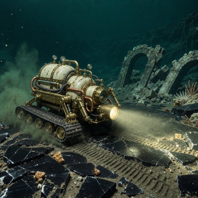 A brass-and-ceramic deep-sea crawler with arched pressure tanks trundles across the floor of a sunken obsidian caldera. Its searchlight cuts through green silt, revealing ruined stone arches far below the surface. — FLUX 3 Image