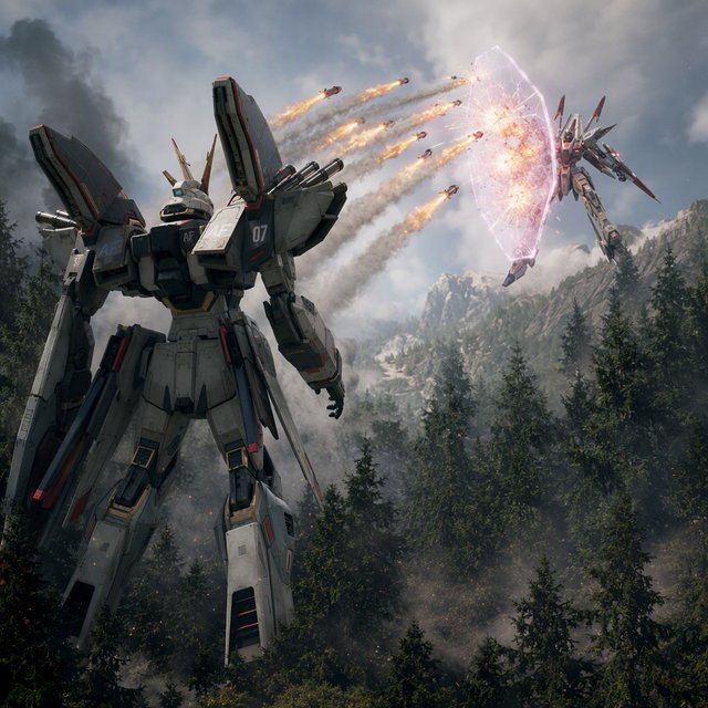 A dramatic cinematic scene of a towering 20-meter futuristic mecha standing in a dense forest, viewed from behind as the main focus. Its design is sleek, angular, and elegant, with a classic retro-futurist Japanese mecha aesthetic. Shoulder missile pods fire a volley of missiles toward an enemy mecha of a different but similarly styled design. The enemy mecha hovers in the air ahead, blocking the incoming missiles with a large arm-mounted energy shield. Dynamic action, smoke trails, forest scale, and intense battle atmosphere. — GPT Image 2