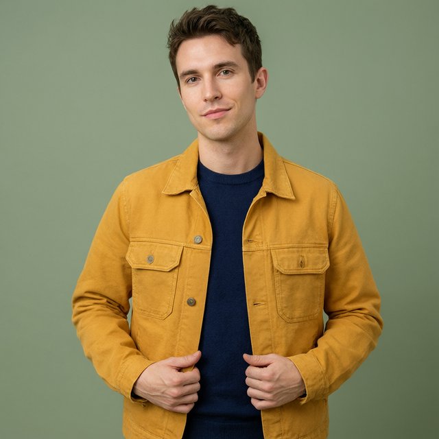 Fashion portrait of an adult nonbinary person in their late twenties wearing a structured saffron-yellow canvas jacket over a fine-gauge navy merino top, hands resting on the jacket hem. Their bright, self-assured expression contrasts with a softly lit sage-green backdrop. — Qwen Image 3.0 Pro