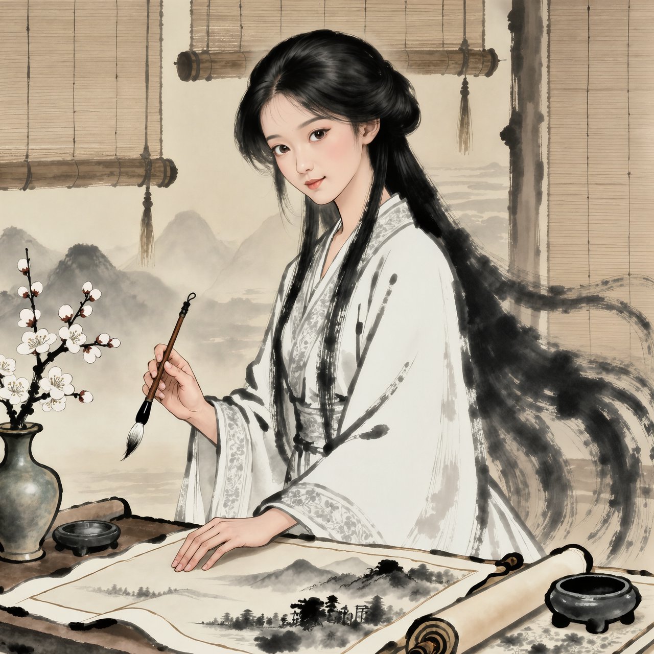 Heaven above, earth below. Ink-painting studio. Chinese painting style. Alluring. Peerless adult beauty. Radiant. — Kling v3 Omni