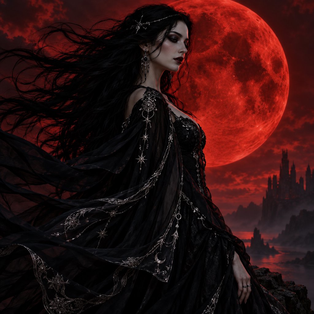 Captivating gothic goddess silhouetted against a blood red moon. Long dark hair blowing in a gentle breeze. Dramatic make-up. Ethereal black garment with silver details billowing in the breeze. Pensive expression. — GPT Image 2.5 Flare