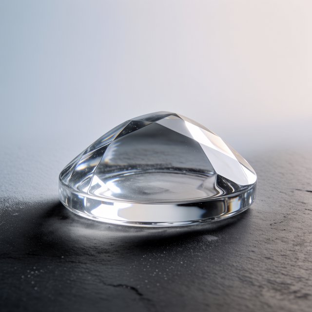 An unbranded, unmarked faceted optical-glass paperweight rests on charcoal slate against a pale blue-gray background; broad diffused studio light and a narrow side highlight reveal crisp internal refractions and bright edge reflections. — Krea 2 Medium