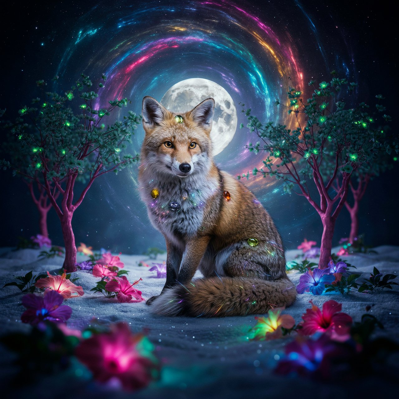 A fantasy still photography image of a majestic silver and gold fox, its fur coat features a breathtaking fiber-optic rainbow-glitter that shimmers with dense prismatic sparkles shifting vibrantly under the ethereal moonlight, the fox features deep silver undertones across its thick coat and is perched proudly in a front-facing posture, its fur is intricately adorned with embedded polished peridot and shimmering onyx that catch the glowing light, it is walking in an enchanted snow filled landscape filled with multicolored bioluminescent hibiscus flowers blooming in radiant neon shades and blooming pink bioluminescent trees with glowing green blossoms, the background features a dramatic full moon and a vibrant multicolored starry sky filled with multicolored swirling galaxy, a soft ethereal glow illuminates the fox's commanding silhouette, razor-sharp focus on its piercing golden eyes, magical realism style, fantasy art. — Ideogram v4