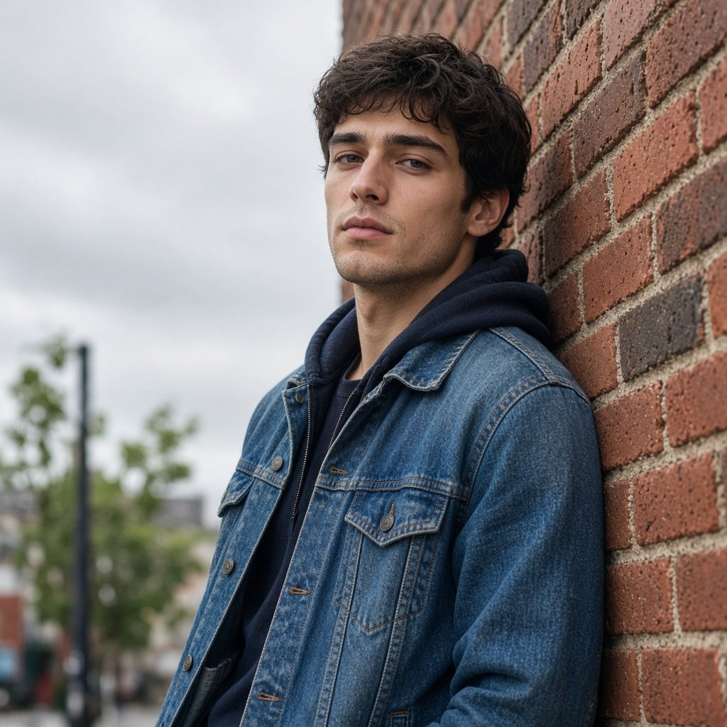 Environmental portrait of a young man in a denim jacket leaning on a red brick wall, overcast light, looking just past the camera. — Grok Imagine Image 2