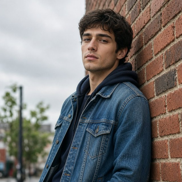 Environmental portrait of a young man in a denim jacket leaning on a red brick wall, overcast light, looking just past the camera. — Grok Imagine Image 2