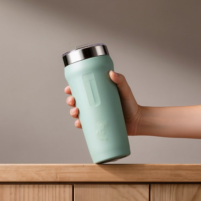 An adult hand lifts an unbranded insulated travel mug, its matte sea-glass polymer body and brushed-steel rim catching softbox highlights above a pale oak counter; warm gray studio backdrop, broad diffused key and cool edge light, no face or lettering. — Kling v3