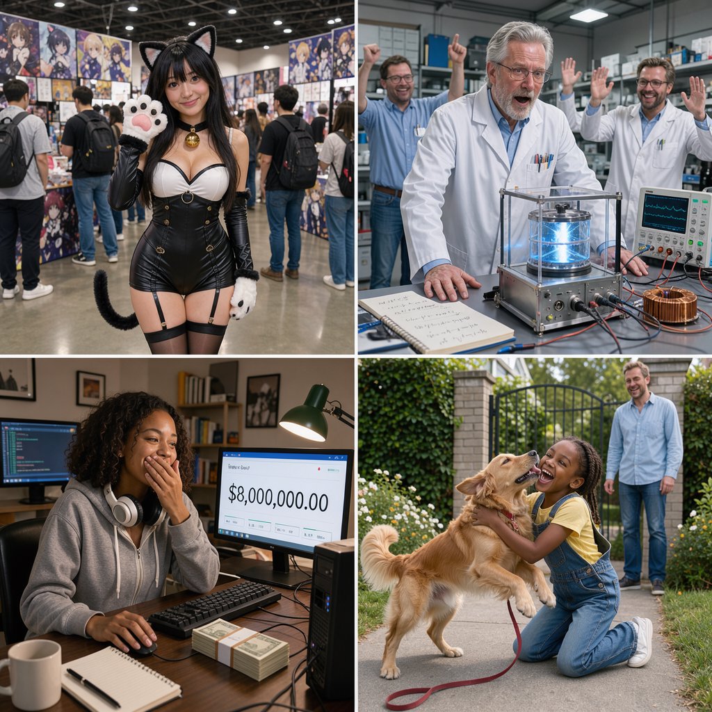 Realistic. Four scenes in one. 1) A pretty Japanese woman, about 19–23 years old, in cat-type cosplay at an anime convention. 2) An old German man or woman, about 60–65 years old, finally having a breakthrough that would change the world. 3) A happy, mixed-race, 21-year-old female or male hacker checking their bank account, which has many zeros, with a bundle of cash near their PC. 4) A happy moment that would make you smile. — FLUX 3 Image