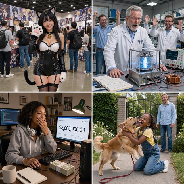 Realistic. Four scenes in one. 1) A pretty Japanese woman, about 19–23 years old, in cat-type cosplay at an anime convention. 2) An old German man or woman, about 60–65 years old, finally having a breakthrough that would change the world. 3) A happy, mixed-race, 21-year-old female or male hacker checking their bank account, which has many zeros, with a bundle of cash near their PC. 4) A happy moment that would make you smile. — FLUX 3 Image