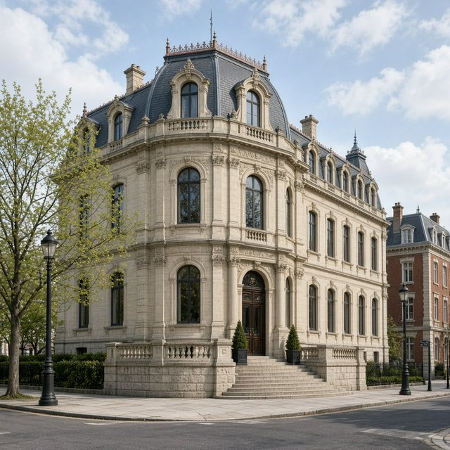 Exterior of a French Second Empire town hall with pale limestone, a dark mansard roof, copper cresting, and tall arched windows; clear spring light falls across the entrance terrace, viewed from the quiet street corner, precise lines and believable construction. — Grok Imagine Image 2