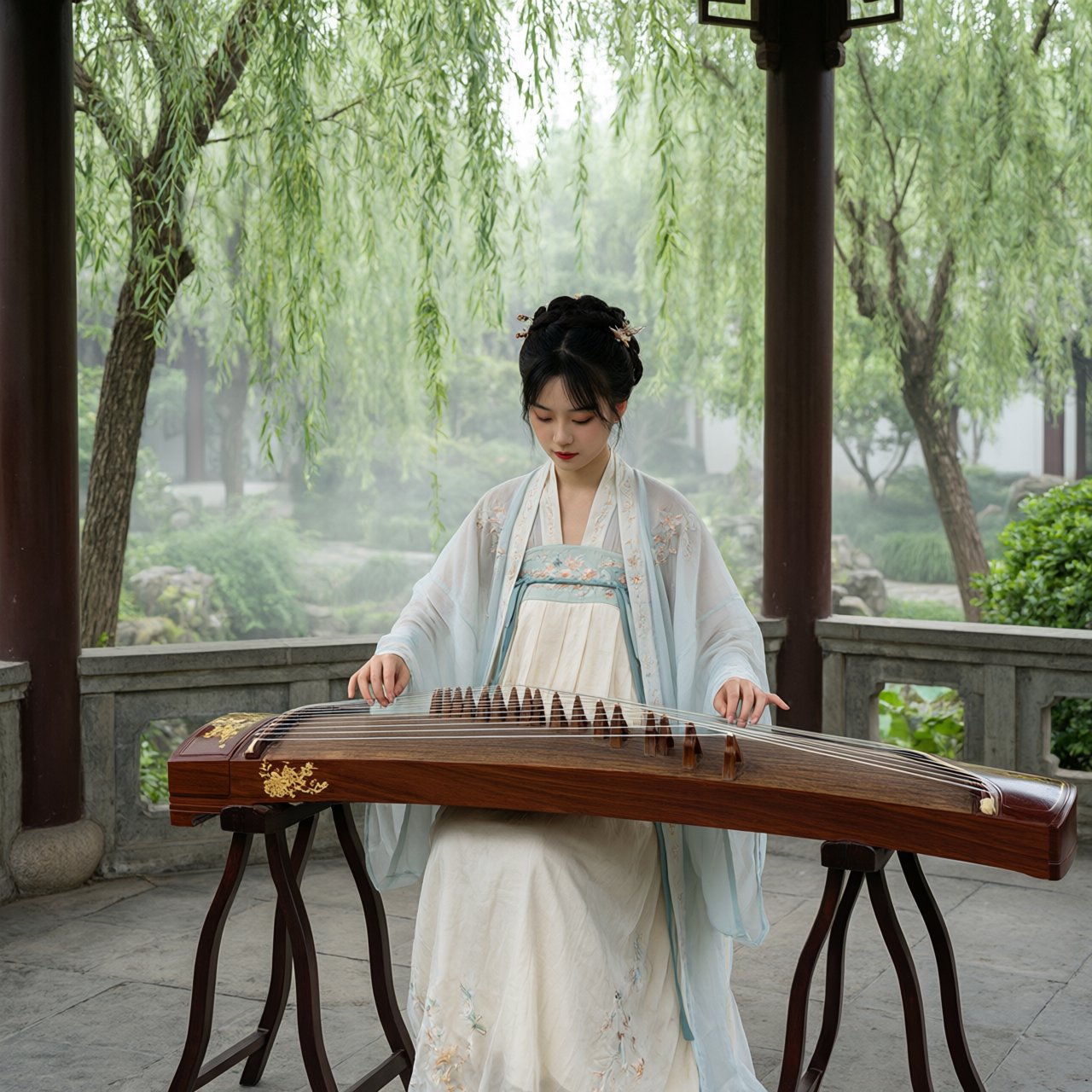 An elegant ancient Chinese lady in hanfu plays the guzheng in a quiet garden pavilion, surrounded by willow trees and mist, creating a poetic atmosphere. — Qwen Image 3.0 Pro
