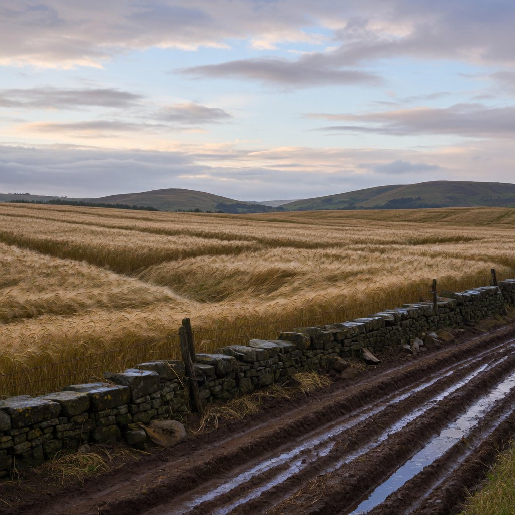Golden barley fields ripple beneath a vast sky as a cool morning breeze follows overnight showers; muddy tractor furrows glisten in the foreground, guiding the eye past a weathered stone boundary toward low hills under broken clouds. — Grok Imagine Image Quality
