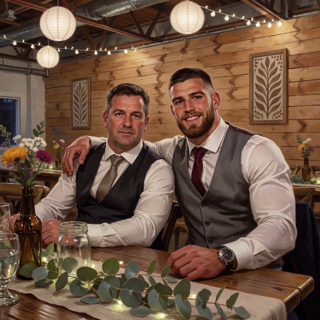 (Character1: rugby player body type, tall, brunet male, age 30, buzzcut hair and neatly groomed matching beard). Medium eye-level shot, photorealistic, two men seated at a wooden banquet table: the left middle-aged man wears a white dress shirt, charcoal waistcoat, and taupe tie, with his right arm on the table; the right man, Character1, smiles directly at the camera, wearing a white dress shirt, grey waistcoat, maroon tie, and a watch on his left wrist, with his left arm draped over the first man's shoulder. In the foreground: a table runner with eucalyptus sprigs, small fairy lights, a bottle holding flowers, a glass jar, and a water glass. Background: an exposed light horizontal wood plank wall with two decorative leaf panels, an exposed industrial ceiling with hanging paper lanterns, and fairy string lights. Warm, soft ambient overhead event lighting, natural indoor venue atmosphere, shallow depth of field. Art style: dramatic painterly realism with realistic skin texture, strong chiaroscuro, slightly gritty textured brushwork, fantasy illustration mood. — Krea 2 Medium