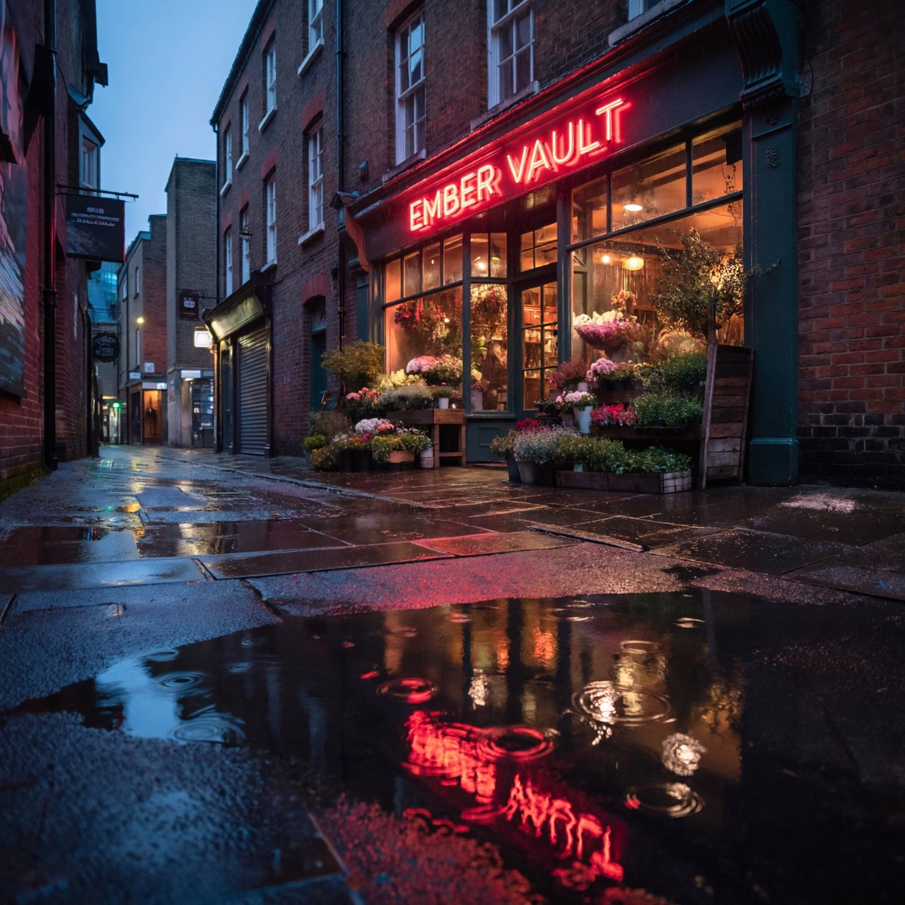 At dusk, a narrow flower shop with rain-dark brick, overflowing window boxes, and warm interior light; the invented name "EMBER VAULT" is rendered in red neon tubing above the entrance, reflected in puddles. — ImagineArt 2