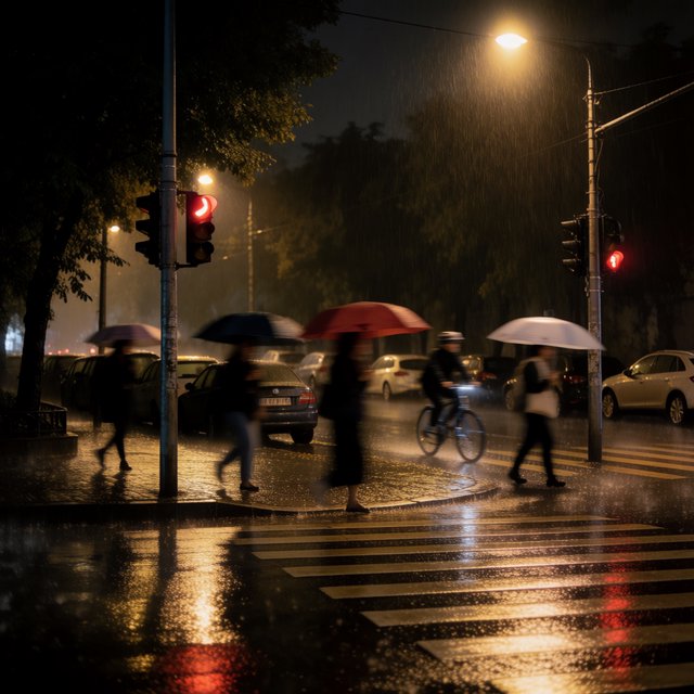 A rain-soaked city crosswalk at night seen from across the street, umbrellas, reflections of traffic lights on wet asphalt, slight motion blur on a passing cyclist. — Krea 2 Medium