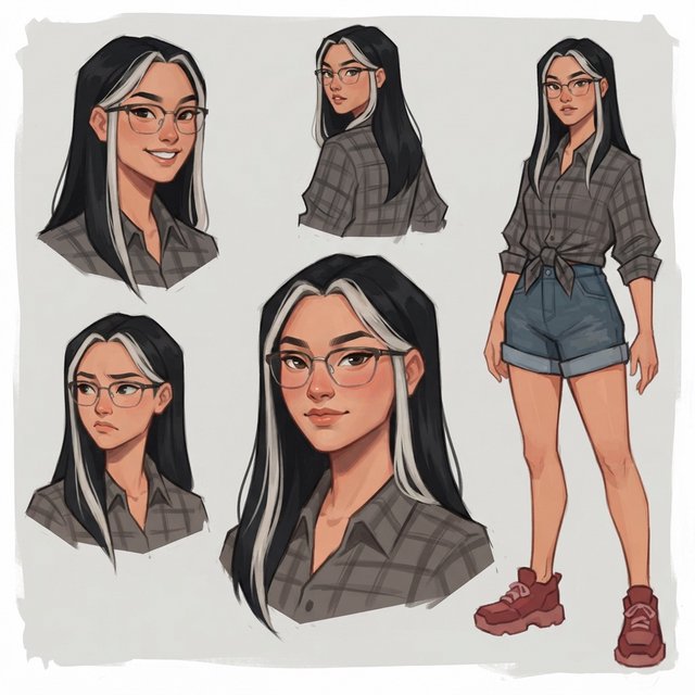 Character exploration sheet of the same woman: several bust and waist-up studies with varied expressions and 3/4 views, including one from behind, glancing over her shoulder at the viewer; one larger central portrait; and one full-length figure at the side, spanning the image height. Plain light-gray background with irregular painted edges. Character: 25-year-old Korean woman with long straight black hair and two platinum face-framing streaks from roots to ends, glasses, tipped almond eyes, Asian skin tone, plaid button-up tied at the waist, cuffed denim shorts, chunky red sneakers. Style: stylized semi-realistic digital painting; animation-inspired proportions, large eyes, strong brows, simplified but solid anatomy, painterly shape-based rendering, minimal linework, soft facial shading, angular clothing brushwork, warm luminous skin with peach/terracotta undertones and rosy cheeks/nose, sculpted hair, muted charcoal/earth palette, soft studio light, loose unfinished edges. — Model 16