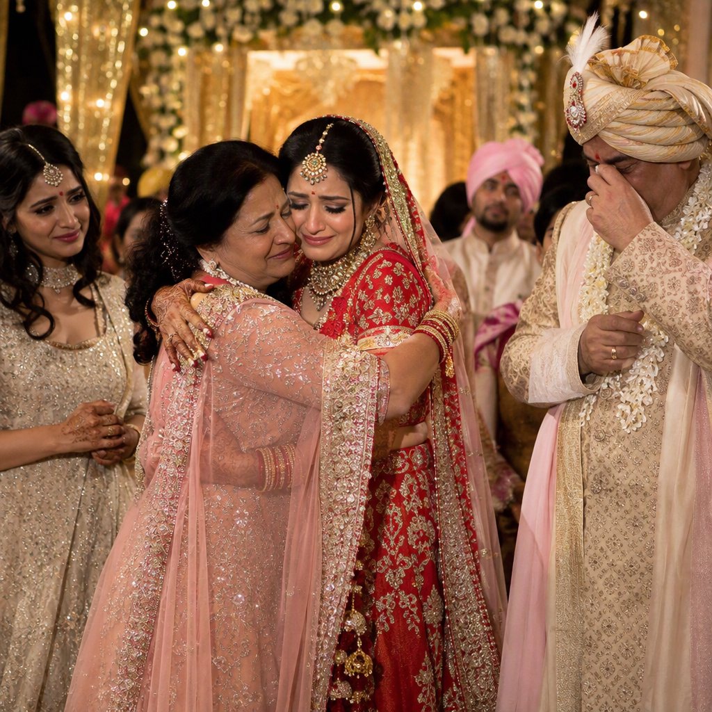 A realistic scene of an Indian wedding showing the emotions of the adult bride and her adult family members — GPT Image 2.5 Sunburst