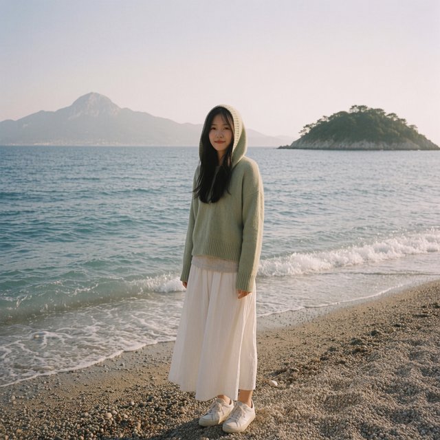 Authentic amateur photo of a beautiful adult woman standing at an Italian beach during vacation time. She wears appropriate clothing. It is noon. — Krea 2 Medium
