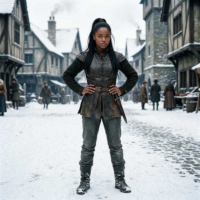 An eighteen-year-old woman. She has long straight black hair tied up, brown eyes, and dark skin. She is wearing a dark leather tunic, grey leather pants, and leather boots. She has a sheathed dagger on her hip, standing with her hands on her hips and looking at the viewer. She is standing in a snowy medieval city. — Model 15
