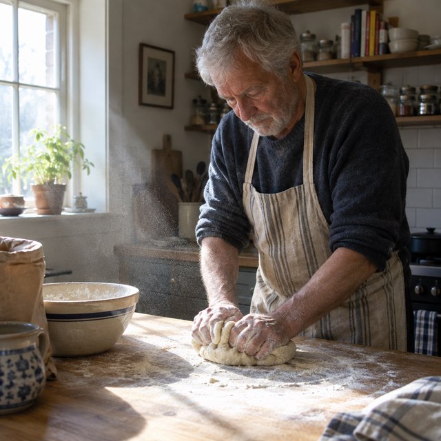 Documentary photo of a home kitchen mid-morning, flour dust in a shaft of window light, an older man kneading dough, natural light only. — GPT Image 2.5 Flare