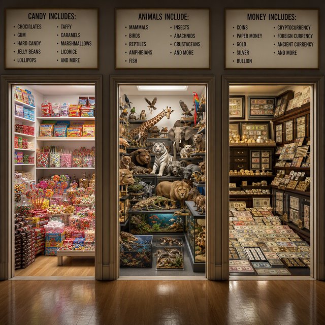 Realistic. Three scenes in one. 1) A room filled with many types of candy. 2) A room filled with many kinds of animals. 3) A room filled with all kinds of money. Above each room, a list names what is inside. — GPT Image 2