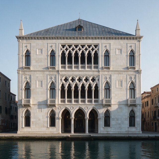 Exterior of a Venetian Gothic opera house beside a quiet canal, pale Istrian limestone, pointed arches, quatrefoil tracery, and a steep slate roof; cool morning light, viewed from across the water, crisp masonry lines and believable structure. — Seedream 5.0 Pro