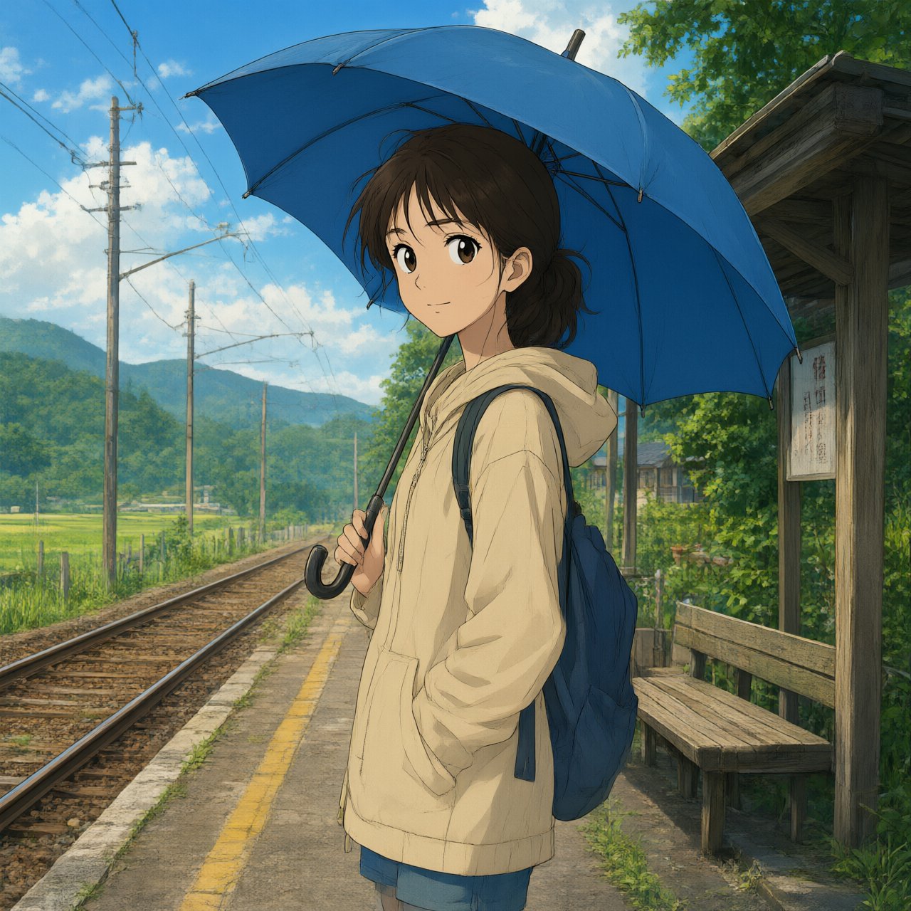 Anime-style illustration of a girl with a blue umbrella waiting at a rural train station in summer, cicadas implied by heat haze, cel shading. — Qwen Image 3.0