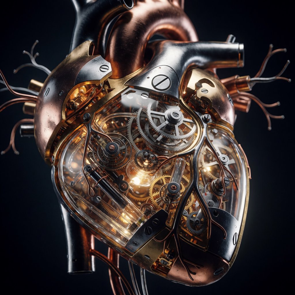 A beautifully intricate mechanical heart floating alone in deep darkness, designed like an exquisite piece of horological sculpture. Its polished brass, copper, and dark steel chambers are partially open, revealing layers of tiny interlocking gears, delicate springs, pistons, and precision mechanisms within. Sections of crystal-clear glass expose deeper workings, while slender tubes carry a faintly glowing fluid through the heart like an artificial bloodstream. Tiny gears turn and pistons move, suggesting that the heart is genuinely functioning. Fine mechanical filaments curl outward like veins and arteries, catching subtle highlights from the warm inner glow. Elegant steampunk aesthetic, dramatic cinematic lighting, rich metallic textures, intricate reflections, mysterious atmosphere. — Krea 2 Medium