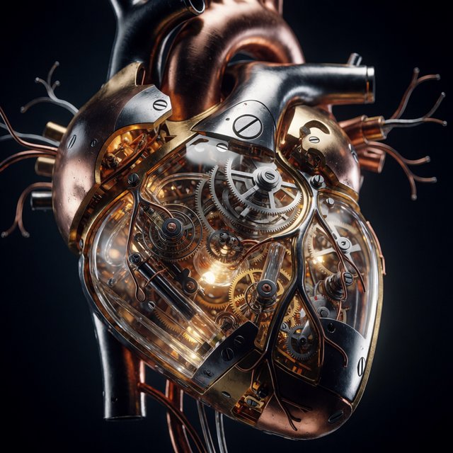 A beautifully intricate mechanical heart floating alone in deep darkness, designed like an exquisite piece of horological sculpture. Its polished brass, copper, and dark steel chambers are partially open, revealing layers of tiny interlocking gears, delicate springs, pistons, and precision mechanisms within. Sections of crystal-clear glass expose deeper workings, while slender tubes carry a faintly glowing fluid through the heart like an artificial bloodstream. Tiny gears turn and pistons move, suggesting that the heart is genuinely functioning. Fine mechanical filaments curl outward like veins and arteries, catching subtle highlights from the warm inner glow. Elegant steampunk aesthetic, dramatic cinematic lighting, rich metallic textures, intricate reflections, mysterious atmosphere. — Krea 2 Medium