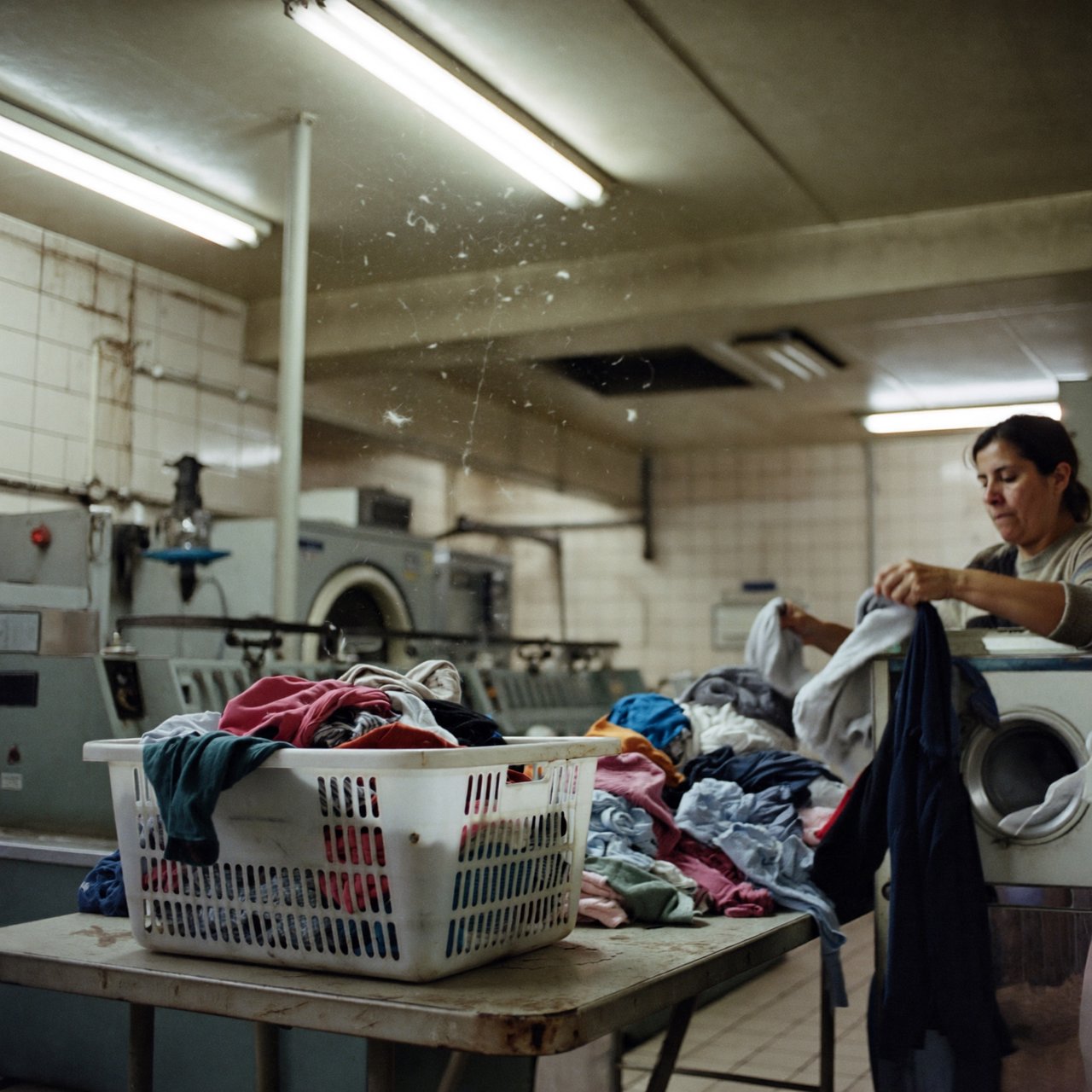 Candid documentary photograph of an adult woman sorting clothes in a self-service laundromat, cool fluorescent light, 35mm lens with moderate depth of field, loose lint suspended above a tumbling machine, worn baskets and tiled walls rendered naturally. — ImagineArt 2