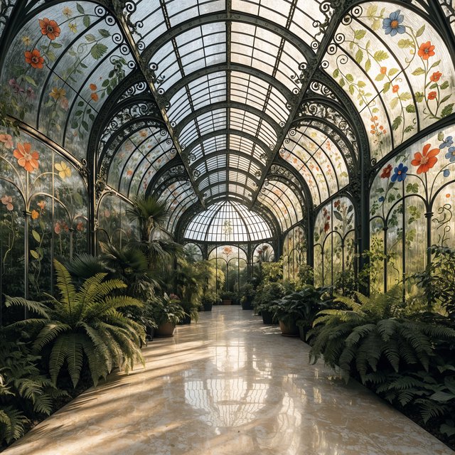 Interior of an Art Nouveau winter garden, curved iron ribs, cream terrazzo floor, hand-painted botanical glass panels, filtered late-afternoon sunlight, viewed from the entrance along the central axis, elegant geometry and believable load-bearing structure. — Recraft v4 Pro
