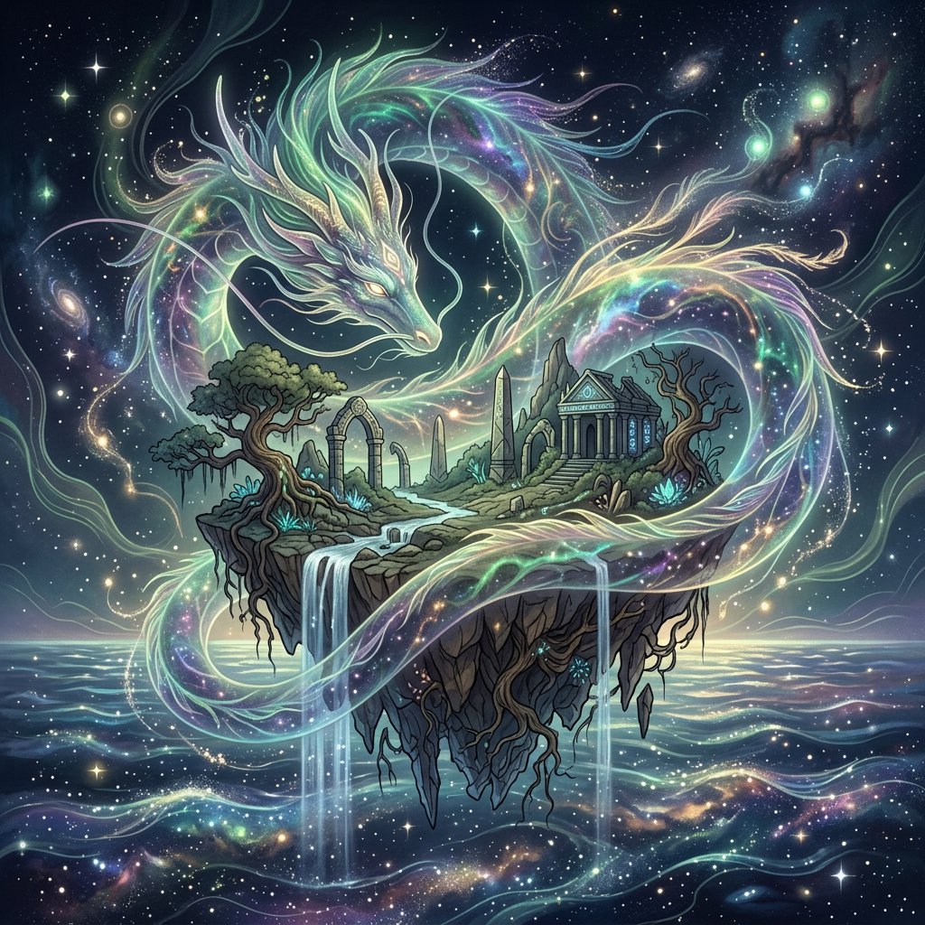 Whispers of mythic power coalesce into a spectral dragon, its form translucent and shimmering with auroral light, coiled around a floating island within a boundless celestial sea. Star-filled oceans stretch to the horizon, dotted with shimmering celestial bodies. The art style blends ethereal fantasy illustration with a subtle nod to ancient mythology, focusing on flowing lines and soft, glowing colors. The atmosphere is one of profound mystery and ancient magic. — Nano Banana 2.1