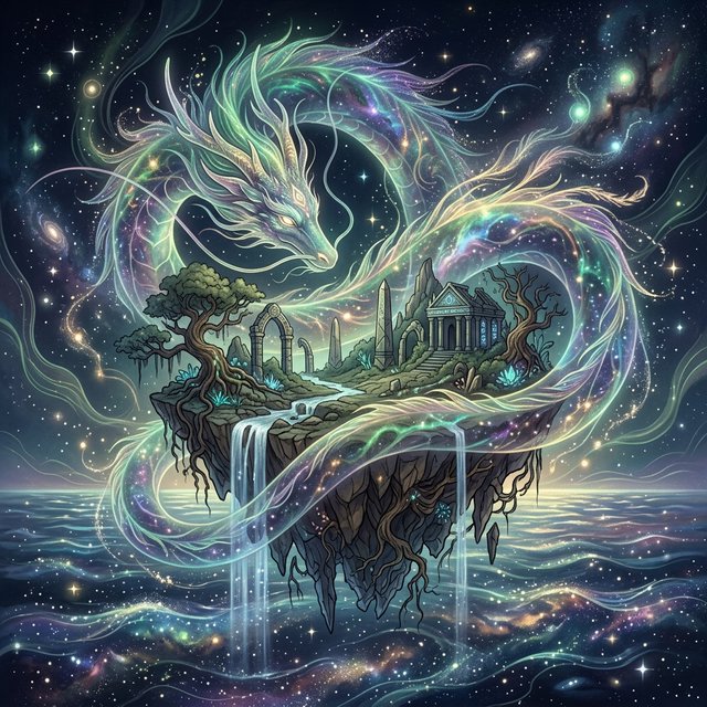 Whispers of mythic power coalesce into a spectral dragon, its form translucent and shimmering with auroral light, coiled around a floating island within a boundless celestial sea. Star-filled oceans stretch to the horizon, dotted with shimmering celestial bodies. The art style blends ethereal fantasy illustration with a subtle nod to ancient mythology, focusing on flowing lines and soft, glowing colors. The atmosphere is one of profound mystery and ancient magic. — Nano Banana 2.1