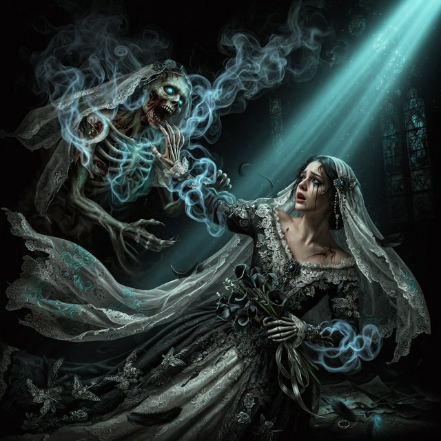 Baroque-style digital dark fantasy and cinematic Gothic horror; painterly realism, chiaroscuro à la Caravaggio; cool color palette of blues and turquoises, deep black shadows; swirling magical smoke, dynamic diagonal composition; intricate lace fabrics, detailed skin and creature textures; volumetric lighting, elegant, fluid movement; fantasy book cover illustration; dramatic storytelling, atmospheric depth. Gothic bride — Grok Imagine Image Quality