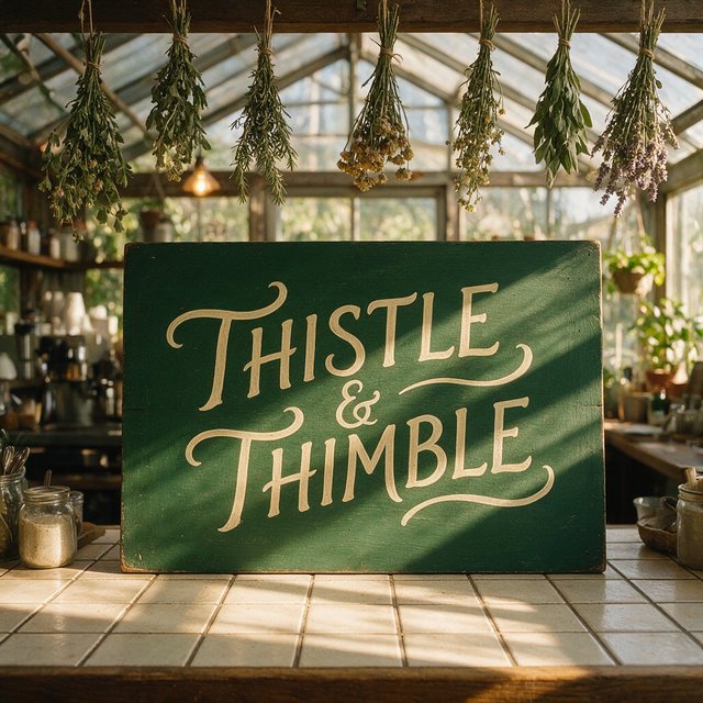 At a neighborhood greenhouse café, sunlight filters through hanging herbs above a tiled counter; "THISTLE & THIMBLE" is painted in hand-lettered cream script across a deep green wooden menu board. — Seedream 5.0 Pro