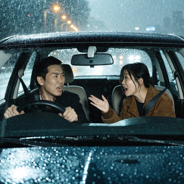 Frontal cinematic shot through the windshield of a car driving at night. A 35-year-old Chinese man is in the driver’s seat, gripping the steering wheel and arguing back in visible frustration. Beside him, a 30-year-old Chinese woman in the front passenger seat is nagging him animatedly, gesturing as she speaks. Both are clearly engaged in a tense argument. Nighttime city lights and passing streetlights glow outside, with reflections across the windshield and realistic interior lighting. — Recraft v4
