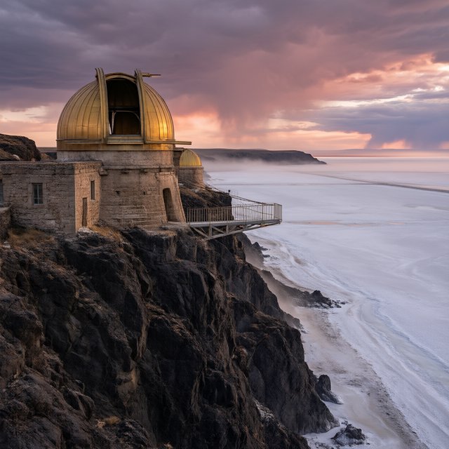 A wind-carved observatory crowns black cliffs above a silver inland sea, its open brass domes catching the last rose light. Salt mist drifts through suspended bridges as distant storms flicker beyond the horizon. — Qwen Image 3.0