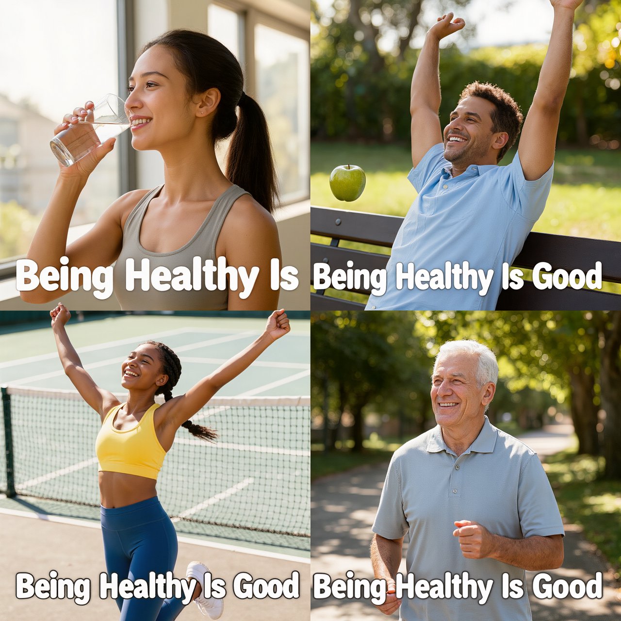 An image relating to good health and happiness. The words “Being Healthy Is Good” appear in the background at least a couple of times. 4–7 moments. — Kling v3