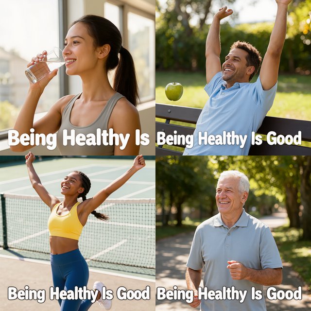 An image relating to good health and happiness. The words “Being Healthy Is Good” appear in the background at least a couple of times. 4–7 moments. — Kling v3