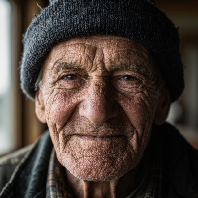 Close-up portrait of an elderly fisherman with deep wrinkles and a knitted cap, catchlights in the eyes, weathered skin texture, soft window light. — Kling v3 Omni