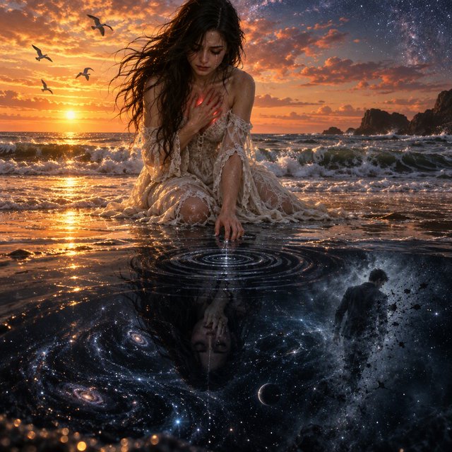Cinematic, photorealistic artwork of a sorrowful young woman in a flowing ivory lace dress kneels in shallow surf at the waterline during sunset. Her long, windblown dark hair frames her downcast face; a tear flows down her cheek and into the water, one hand presses against her chest, glowing faintly crimson to suggest her still-beating heart, while her other fingertips touch the water. The world behind her remains beautiful: a golden sun shines over restless waves, seabirds cross the sky, and fiery peach clouds fade into star-filled indigo. In the wet sand, her reflection becomes a dark cosmic void. Stars ripple around a fading, ghostlike image of her partner deserting her and dissolving into darkness. The tear forms concentric ripples, disturbing an entire universe. Contrast warm golden life above with cool blue-black devastation below. Natural cinematic lighting, detailed water reflections, realistic anatomy, restrained grief. No text, borders, or collage. — GPT Image 2.5 Sunburst