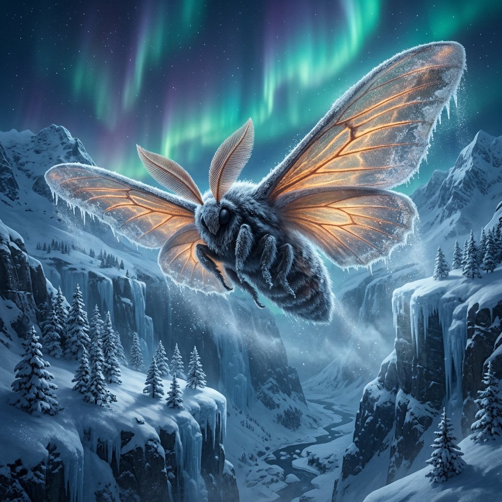 A cathedral-sized mothlike creature glides above a frozen ravine, its translucent wings veined with amber light and fringed with frost. Tiny mountain pines cling to the cliffs as aurora colors ripple across the snow. — Nano Banana 2.1