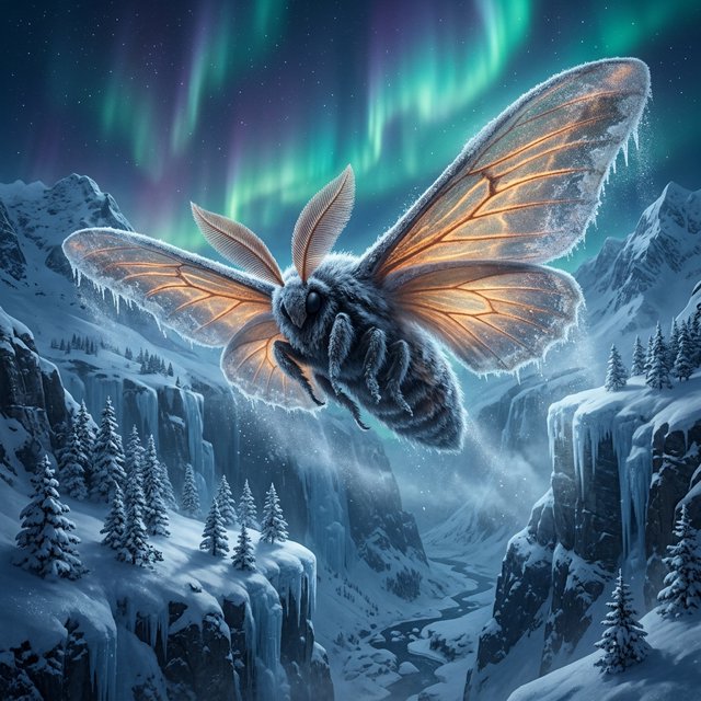 A cathedral-sized mothlike creature glides above a frozen ravine, its translucent wings veined with amber light and fringed with frost. Tiny mountain pines cling to the cliffs as aurora colors ripple across the snow. — Nano Banana 2.1
