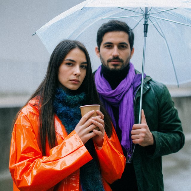 A man with a purple scarf holding a transparent umbrella, standing to the right of a woman in an orange raincoat who holds a paper cup, both facing the camera. — Krea 2 Large
