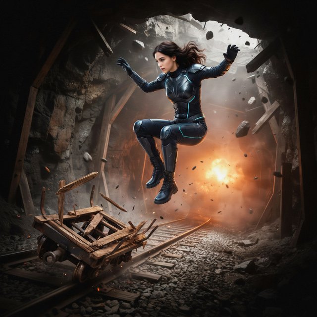 Collapsing mine, woman in a futuristic outfit, in a runaway mine cart. The cart is moving towards the foreground. Behind her cart, there was a huge explosion in the mine. The impact of the explosion is so great that it has knocked the cart off the tracks and sent the rider flying. Angle the empty cart, which is in the process of shattering, close to the woman. Focus the image on the female rider who has flown off the cart. Ensure her features are photorealistic. Make the scene photorealistic, explosive, and exciting as if it is from an action-packed movie. — Ideogram v4