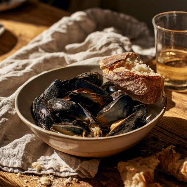 Beside a rumpled linen napkin, an in-progress supper shows a shallow bowl of mussels, torn bread, and a half-full glass on a wooden table. A natural-light dining snapshot, shot at 50mm with shallow depth of field, catches crumbs and glossy broth. — Midjourney V8.2