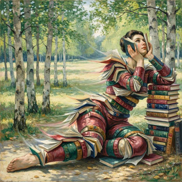 Create an adult odalisque entirely made of anthologies. The odalisque is formed from an anthology, with movement and motion blur that clearly shows its composition. The material should appear high quality, with dappled sunlight. The background is a birch forest, and the overall mood is Futurism. — Ideogram v4.5