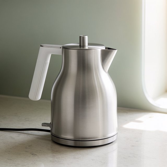 Morning daylight spills across a kitchen counter, revealing an unbranded electric kettle in satin stainless steel with a ribbed heat-resistant polymer handle. It sits on honed limestone against a muted sage backsplash, with window light and white bounce fill; commercial product image, no lettering. — Krea 2 Medium