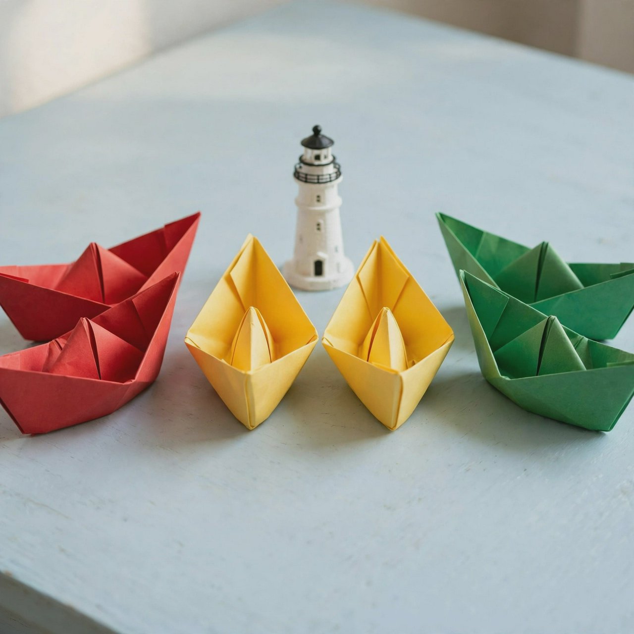 Exactly six folded paper boats sit on a pale blue tabletop: two red boats on the left, two yellow boats in the center, and two green boats on the right. A small white lighthouse figurine stands behind the center pair, nothing else. — Muse Image 1.0